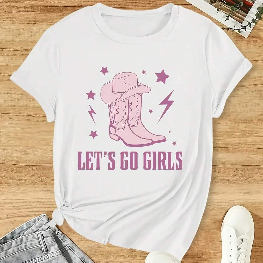 Camiseta Vintage de Vaquero para Mujer, Camiseta de Manga Corta con Estampado 'Let's Go Girls', Tops de Moda Urbana de Verano, Ropa Estética Femenina con Cuello Redondo - Multicolor - Ver 1