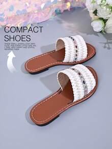White Braided Girls' Colorful Rhinestone Slide Sandals, Summer Beach Vacation Casual Versatile Beach Shoes - White - View 3