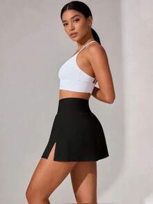 Faldas de yoga con abertura lateral para mujer, sexy, ajustadas, para entrenamiento deportivo, con cintura ancha, textura suave, no transparentes, para fitness - Negro - Ver 3