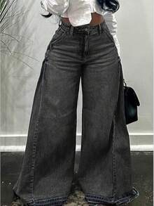 Pantalones vaqueros de pierna ancha para mujer, cintura alta, acampanados, pantalones de mezclilla holgados, jeans con dobladillo deshilachado, ropa casual de calle - Gris Oscuro - Ver 4