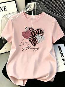 "Love Always" Leopard Print Heart Pattern T-Shirt, Sweet Style Glitter Print T-Shirt, Romantic Style Top For Girls Pink Casual Summer - Pink - View 7
