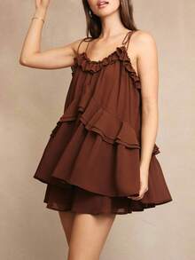 Womens Summer Romper Dress Chiffon Spaghetti Strap Sleeveless Ruffle Tiered Short Jumpsuits Beach Vacation Rompers - Brown - View 3