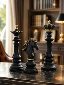 1件裝黑金樹脂西洋棋子雕塑套組，奢華國王皇后騎士裝飾小雕像，現代西洋棋主題桌面擺飾，復古居家辦公室書架裝飾，優雅客廳桌面中心裝飾品，男士禮物，房間裝飾，手工藝品，樹脂雕像 - 多款2 - 查看 3