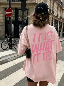 女款大尺碼休閒T恤 | 「It Is What It Is」字母印花，休閒圓領短袖，女款T恤，大尺碼夏季服飾，粉紅色 - 粉色 - 查看 8