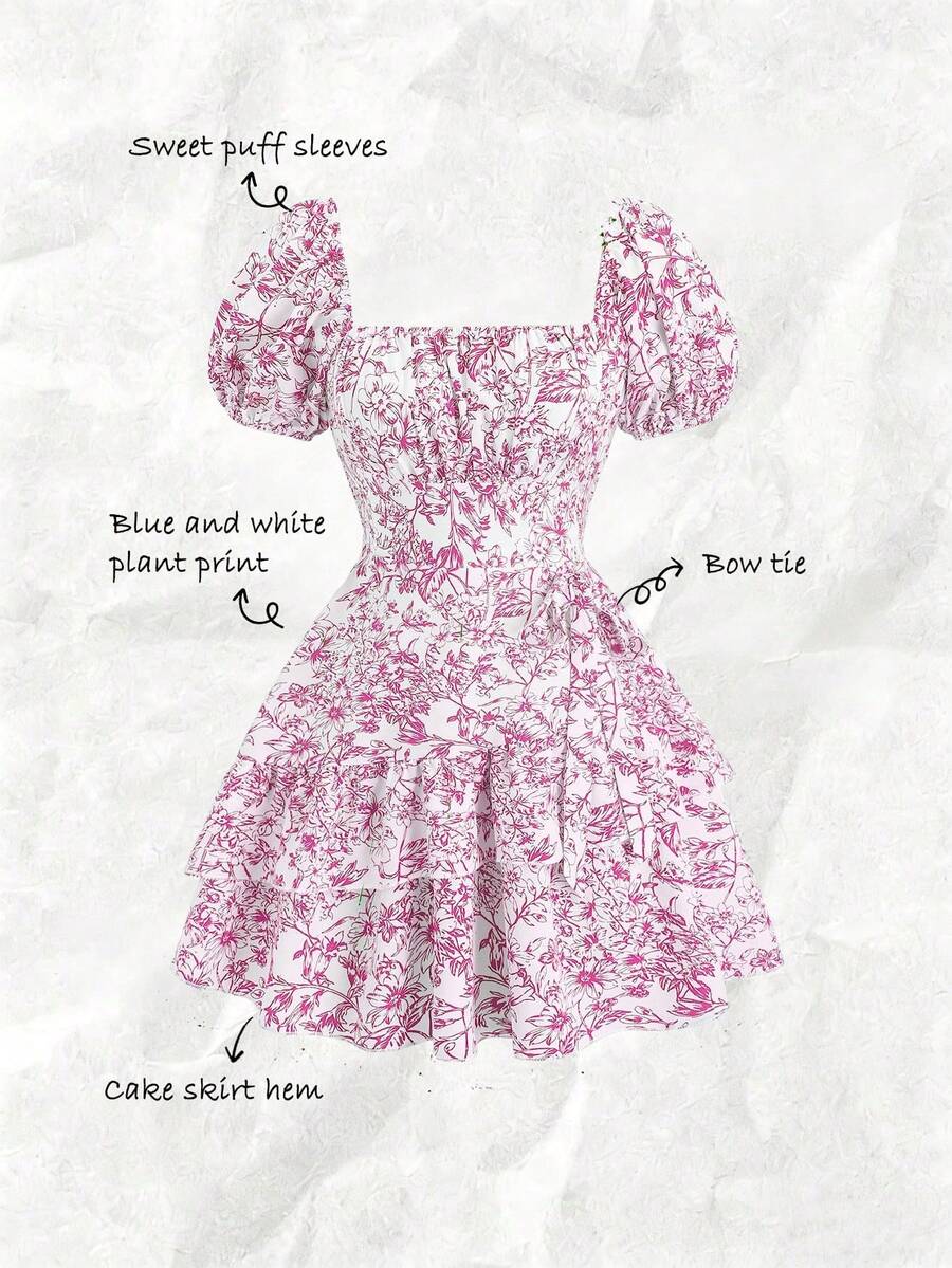 Vestido de verano elegante y casual con cuello cuadrado, mangas abullonadas, cintura ceñida y estampado, para vacaciones - Rosa Pálido - Ver 1
