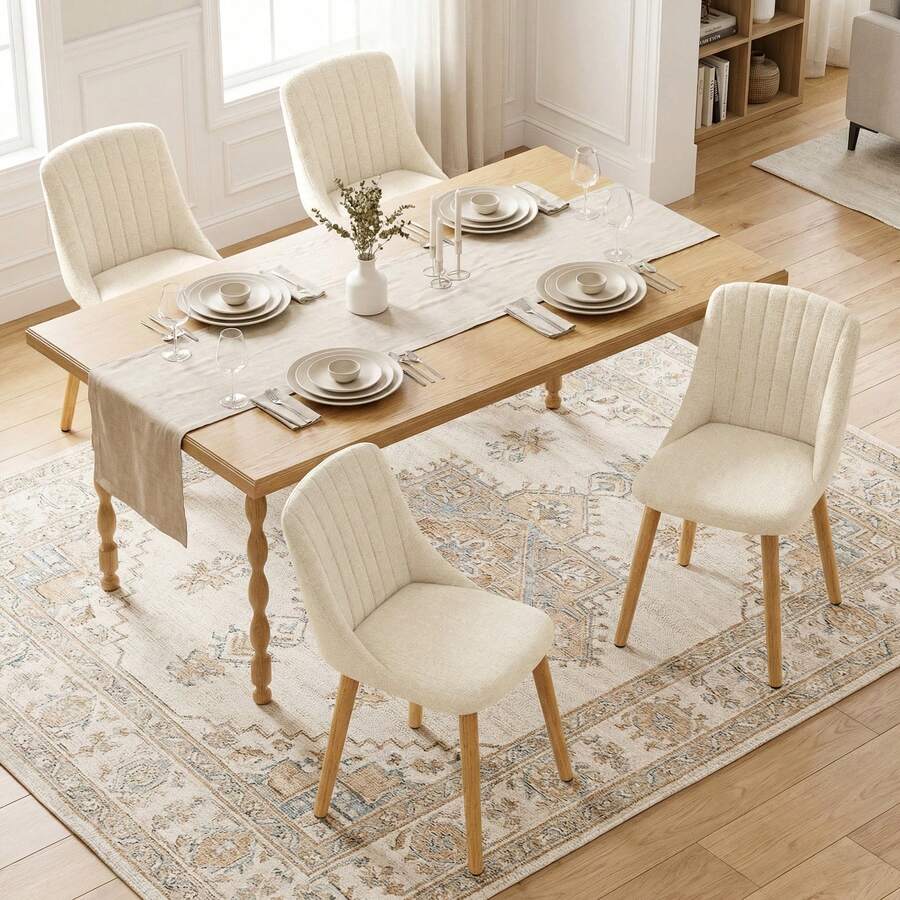 Goeurvant Modern Minimalist Vertical-Stripe Upholstered Dining Chairs With Ergonomic Back & Solid Wood Legs For Living Room, Kitchen, Bedroom - Set Of 2 / Set Of 4 / Set Of 6---Off White (Chenille) - 米白色 - 查看 1