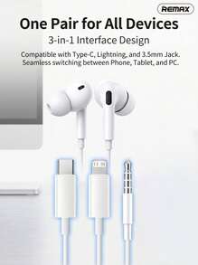 REMAX 3.5mm/Type-C/Lightning三接口有線耳機 高解析無損音質 HiFi入耳式 聽聲辨別遊戲K歌帶麥 通用蘋果安卓手機平板電腦 - 查看 1
