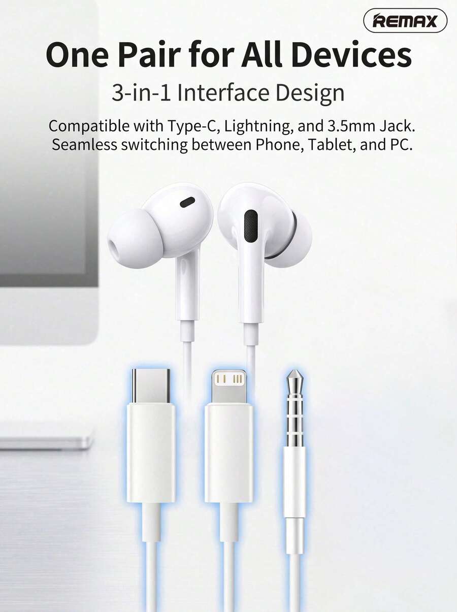 REMAX 3.5mm/Type-C/Lightning三接口有線耳機 高解析無損音質 HiFi入耳式 聽聲辨別遊戲K歌帶麥 通用蘋果安卓手機平板電腦 - 查看 1
