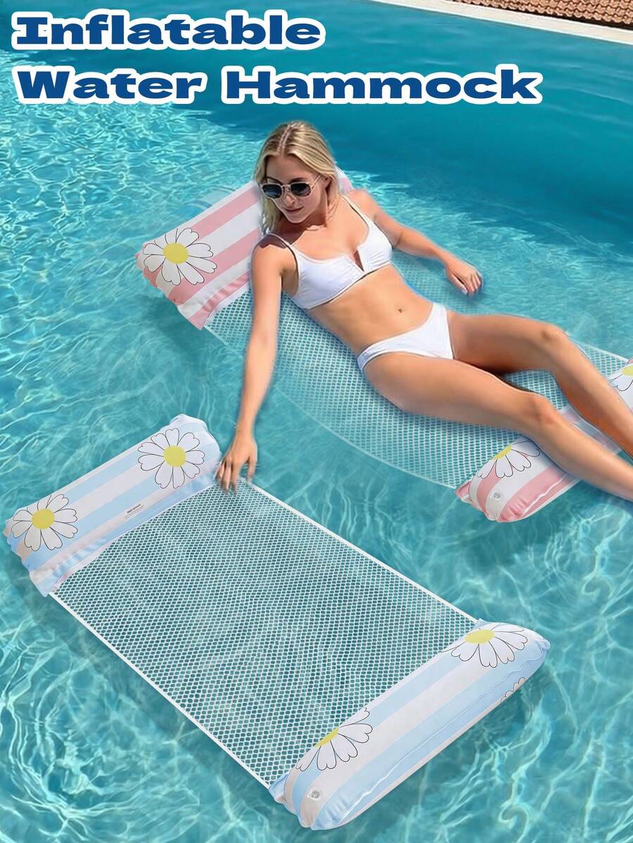 Adult Casual Water Floating Lounge Chair, Blue And Pink Daisy Inflatable Float, Mesh Breathable Swimming Pool Float Bed, Portable Inflatable Floating Mat For Vacation Beach And Bathing - A - View 1