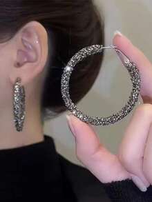 1 Pair Popular Large Hoop Full Rhinestone Elegant Circle Hoop Earrings For Women - Black - View 2