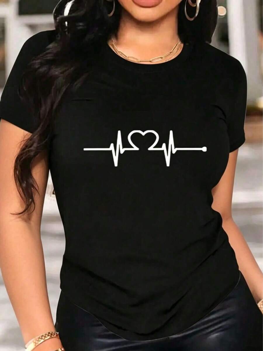 Women's Graphic T-Shirt, Long Sleeve, Round Neck, Basic, Comfortable, Cool, Lightweight, Modern, Youthful, Casual, Urban, Soft, Cool Print, Heart, Stripes, Lines, Pulse, Zigzag - 黑色 - 查看 1