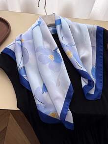 1件女款夏季花卉印花繫帶方巾，仿絲材質，適用於海灘髮飾、手提包裝飾、頭巾、度假旅行場合配件 - 藏青色 - 查看 6