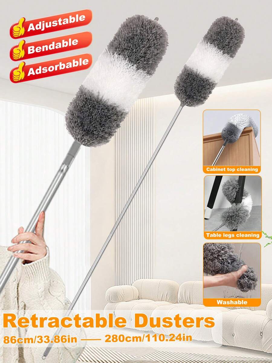 Microfiber Dusting Kit With Extendable Pole, Telescopic Duster Brush, Electrostatic Duster Brush, No Power Required, Suitable For Living Room, Bedroom, Bathroom, Kitchen Cleaning, Ceiling Fan, Furniture, Car, Wall, Floor