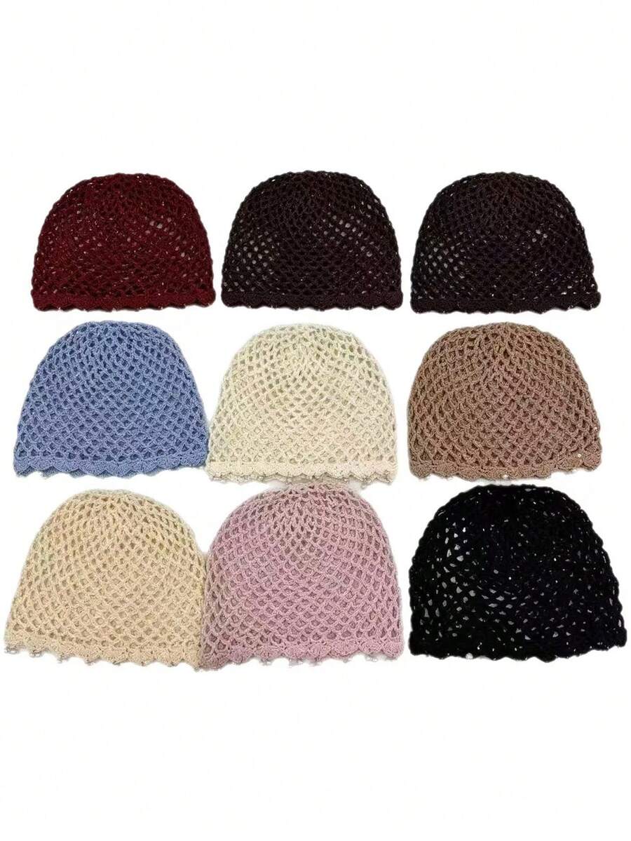 1pc Women's Cute Casual Style Fashion Hollow Breathable Handmade Woven Rhombus Pearl Decor Knitted Bucket Hat For Travel, Beach, Vacation, Photos, Daily Wear - Pearl - View 1