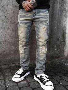 Mud Yellow Vintage Distressed Straight Leg Jeans, Street Style Ripped Denim Pants, American High Street Cat Whisker Texture Jeans, Patchwork All-Season Wear Men's Jeans - Blue - View 3