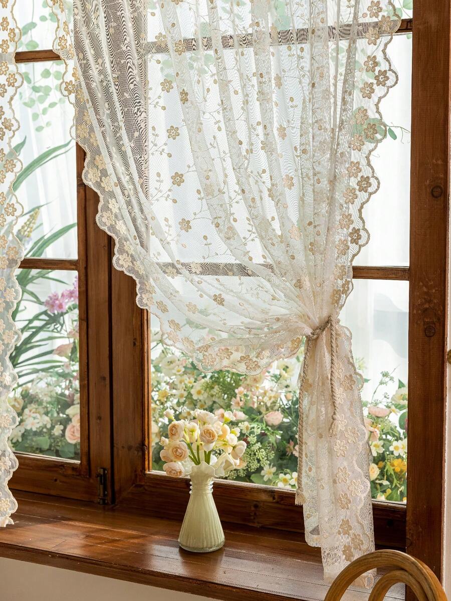 1pc Beige Rose Pattern Lace Sheer Curtain, Short Curtain, Window Valance, Cafe Curtain, Vintage Pastoral Romantic Style, Translucent, Made Of Polyester Fiber, Suitable For Bedroom, Room, Living Room, Kitchen, Office, Cafe And Home Decor Use. - 1PC - View 1