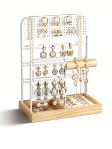 Jewelry Stand Holder Organizer, Jewelry Display Storage With Ring Tray, , Jewelry Display Stand With Metal Frame And Wood Velvet Tray, Necklace Earring Bracelet Holder, For Studs, Rings, Gift Idea, Home Room Dorm Decor For Teen Girls, Black / White - White - View 10