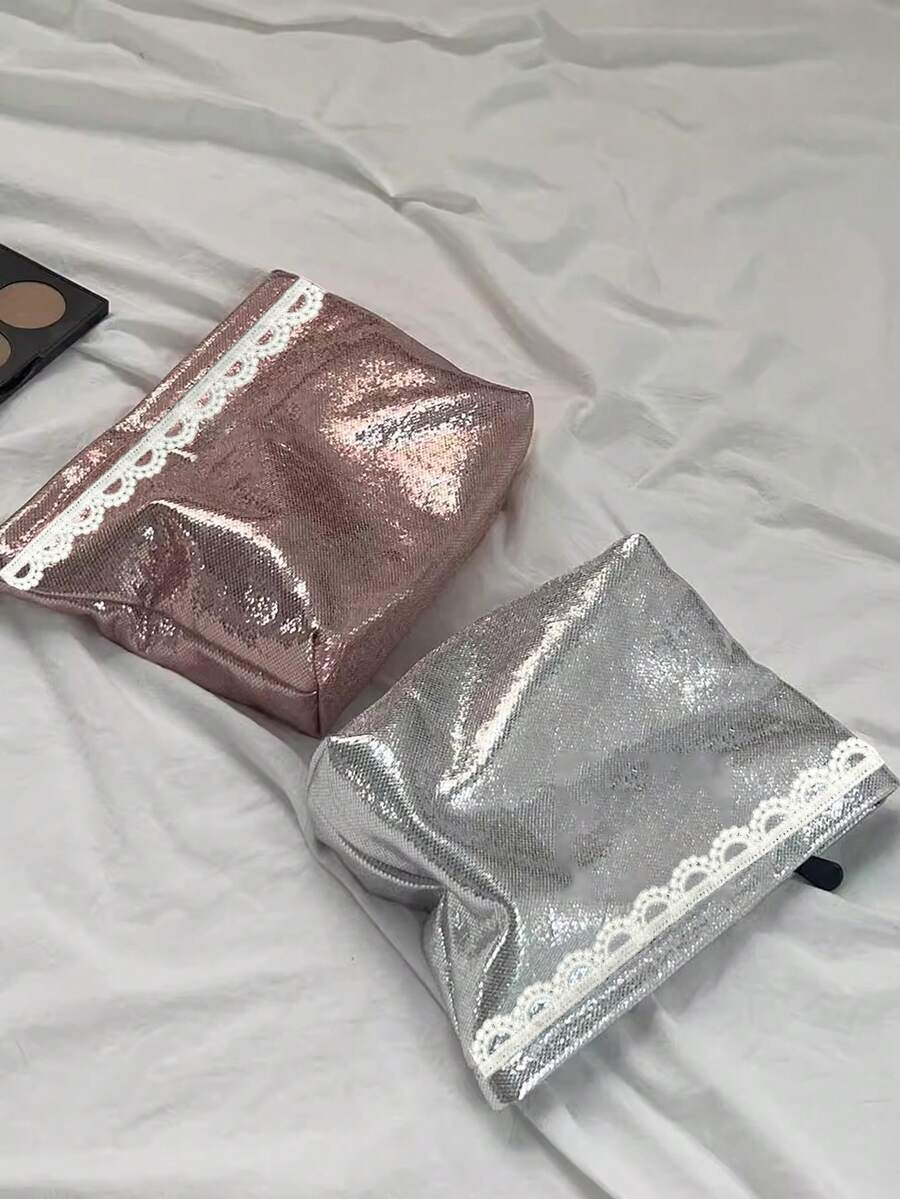 金屬色蛇紋圖案與白色蕾絲裝飾化妝包,光滑PU皮革,大容量,便攜式旅行盥洗包,柔軟拉鍊手提包,女士化妝包,個性化化妝收納袋,旅行,化妝箱,手提收納袋,美容盒,假期必需品,情人節,生日,婚禮,畢業季,返校季派對裝飾禮物 - 彩色 - 查看 1