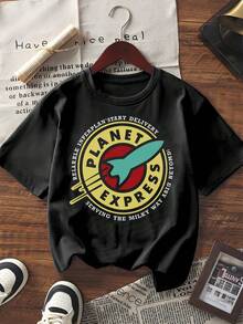 Unisex Planet Express Graphic Print Short Sleeve T-Shirt Casual Loose Fit Crew Neck Tee - Black - View 6