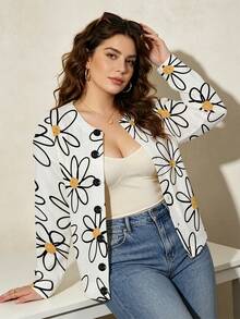 ASHKATIA Women's Plus-Size Vintage Cardigan Sweater, Fall Winter Knit For Social Occasions Daisy Line Pattern - Multicolor - View 16
