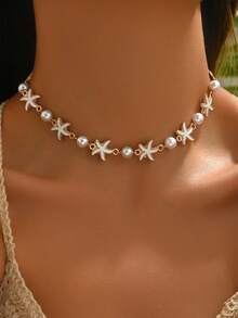 1 pieza Collar con colgante de estrella de mar metálica con cuentas, diseño de gema rosa, adecuado para uso diario y de viaje - Multicolor - Ver 9