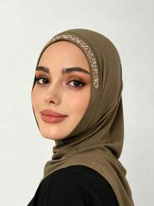 1PC Women's Solid Color Minimalist Balaclava With Rhinestone Decor, Scalloped Edge, Convenient Neck Warmer, Base Headscarf, Sports Neck Gaiter, Elastic Cap, Hijab Cap, Turban, Breathable, Comfortable, Elastic Wide Brim, Sweat-Absorbing, Anti-Slip, Multifunctional Sports Headscarf, Head Cover, Inner Scarf, Suitable For Daily Life, Sports, Yoga, Fitness And Fashion Outfits - Hot-fix Rhinestones - Khaki - View 3