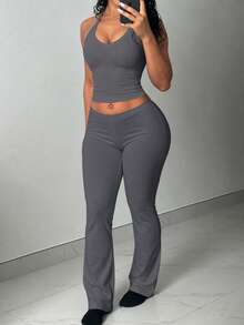 LovelyWholesale Women's Casual V-Neck Solid Color Ribbed Knit Tank Top And Pants 2-Piece Set Summer Outfit Elegant - Dark Grey - View 6