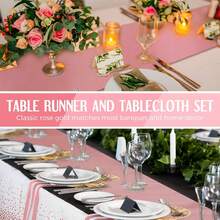White And Rose Gold Disposable Plastic Tablecloth And Satin Table Runner Set, Tablecloth Size 54 X 108 Inches, Table Runner Size 11 X 108 Inches, Suitable For Weddings, Graduations, Birthdays And Other Occasions - Rose Gold - View 5
