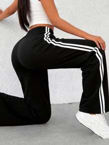 These Striped Long Pants Can Be Worn In All Seasons, Are Very , And Are Easy To Match With Various Tops Sports - Black - View 9