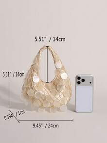 1 buah Tas Tangan Wanita Dekorasi Irisan Cangkang Alami Warna Beige, Tas Bulan Sabit Boho, Tas Pantai Gaya Liburan Irisan Cangkang Duyung Buatan Tangan, Tas Jaring Ikan Bentuk Belah Ketupat, Cocok untuk Sehari-hari, Pernikahan, Pesta, Perjalanan dan Liburan Santai (Irisan Cangkang Mungkin Memiliki Retakan dan Cacat Normal, Itu Wajar) - Aprikot - View 3