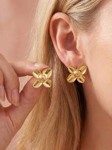 Vintage Boho Gardenia Flower Stud Earrings For Women, Hypoallergenic Stainless Steel Non Tarnish Gold Geometric Jewelry For Summer - Gold - View 2