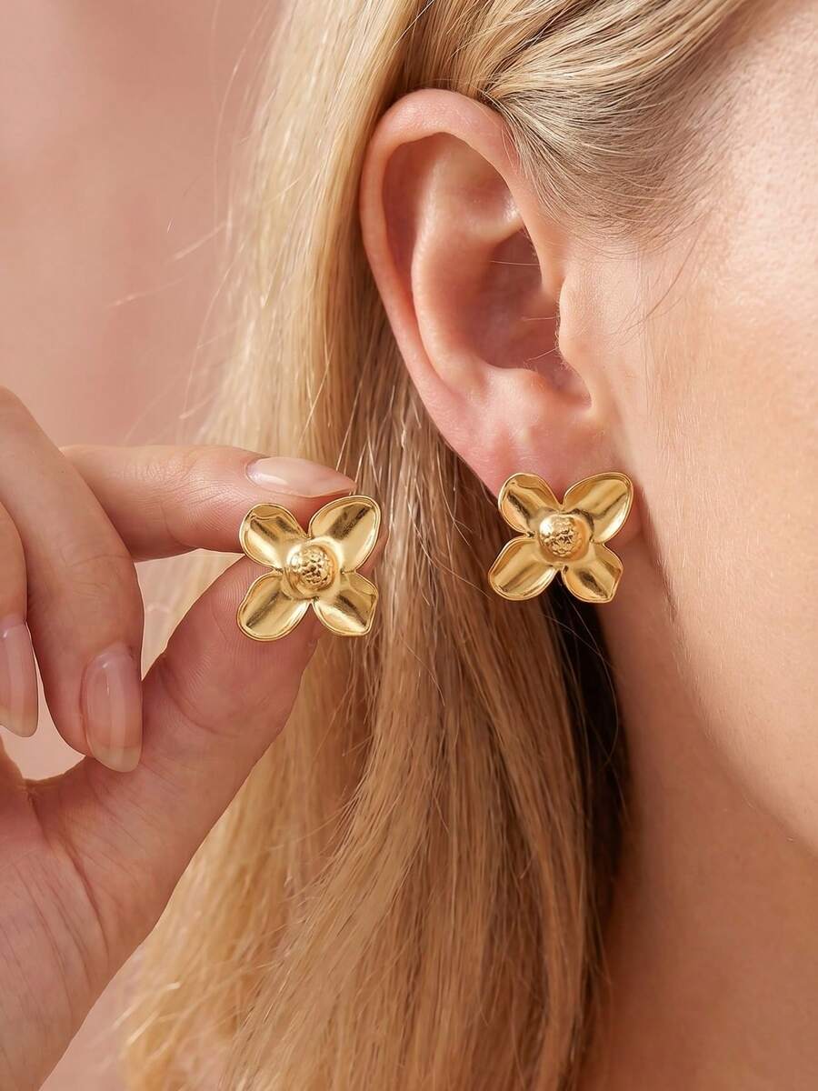 Vintage Boho Gardenia Flower Stud Earrings For Women, Hypoallergenic Stainless Steel Non Tarnish Gold Geometric Jewelry For Summer
