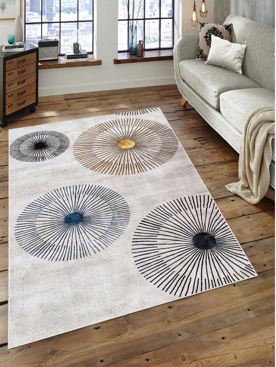Alfombra de pasillo y alfombra de área antideslizante y lavable con impresión digital para sala de estar, diseño moderno | Estilos moderno, escandinavo, bohemio y clásico | 100% poliéster - Blanco Crema - View 1
