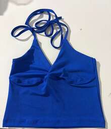 Minimalist Halter Top With V-Neck And Neck Tie - Summer - 寶藍色 - 查看 8