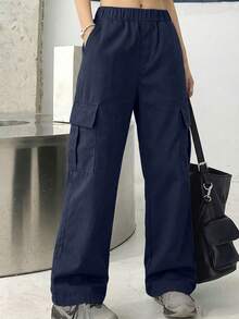 1pc Tween Girls' Fashionable Solid Color Casual Loose Cargo Pants With Multiple Pockets, Spring/Autumn - Blue - View 8