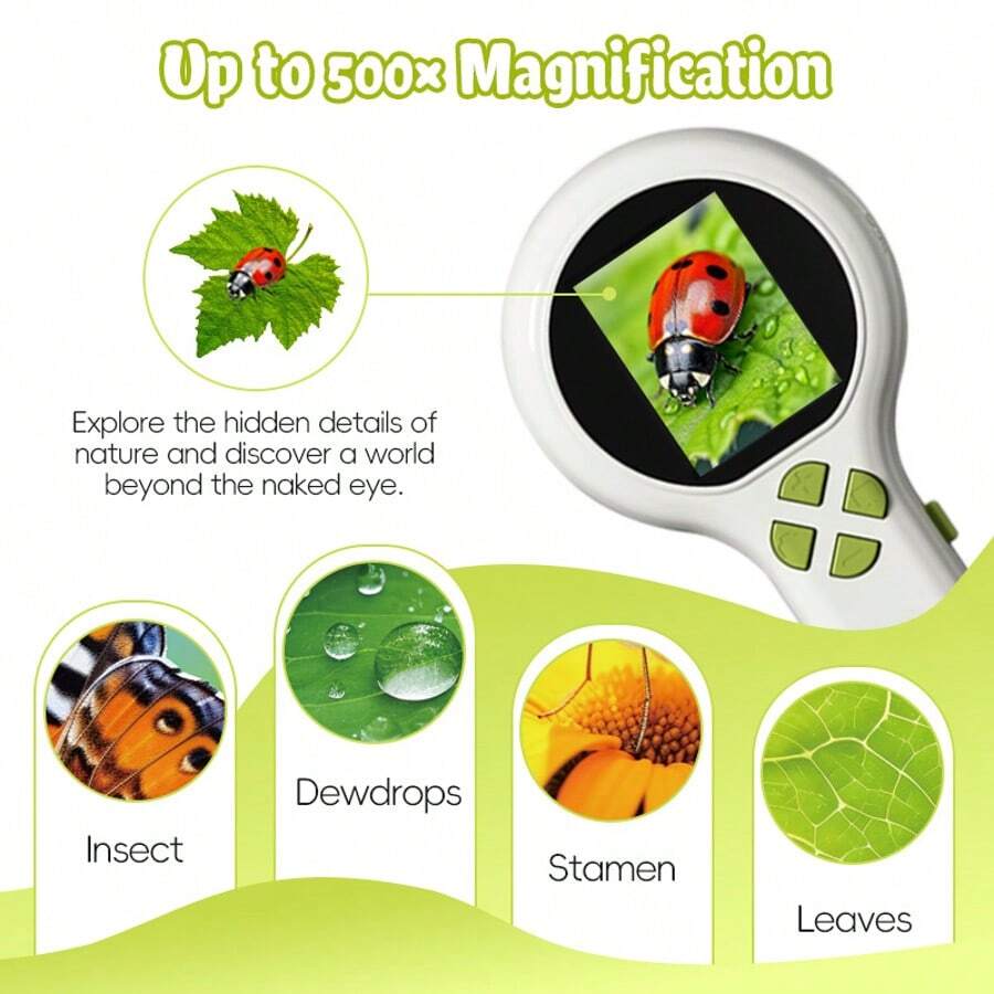 Handheld Digital Microscope For Kids With Endoscope Camera, 2" HD Screen, Portable STEM Science Toy, Pocket Microscope With Photo & Video Recording - Green - View 1