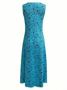Plus Size, Summer Women's Fashion Small Floral Print Sleeveless Vest Dress With Round Neck And Pockets, Casual Dress, Plus Size Women's Dress - 藍色 - 查看 2