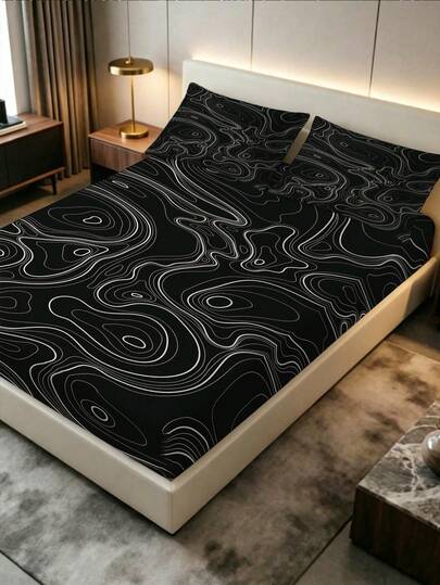 3pcs Black Striped Pattern Abstract Art Design Fitted Sheet (Includes Pillowcases), Suitable For Spring Room Decor, Skin-Friendly Soft Breathable Fitted Sheet/Fitted Sheet, Applicable For Home, Hotel, Bedroom