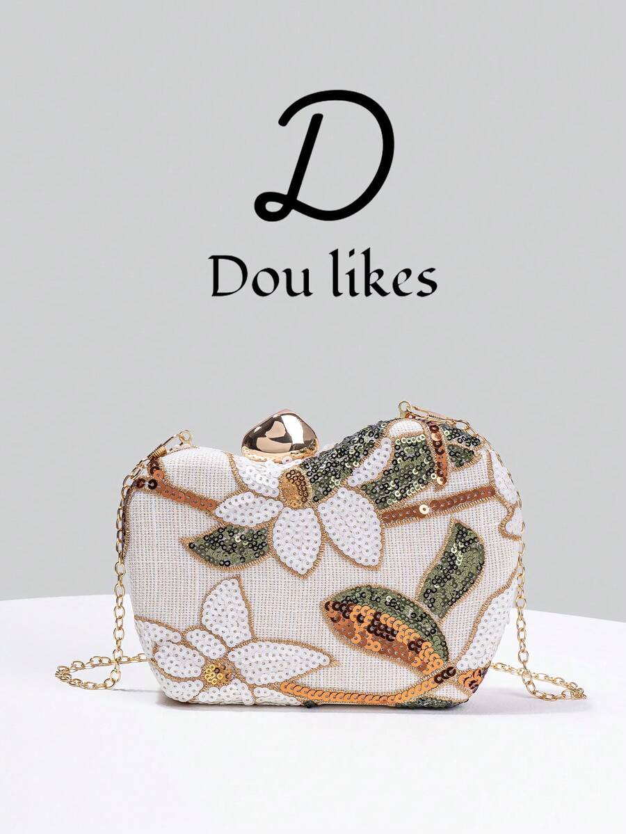 Dou Likes 中式風格手提包，香檳色亮片刺繡花卉鏈條晚宴包，搭配可調節細金鏈，完美適配中式旗袍、輕奢晚禮服、日常優雅穿搭，瞬間提升整體風格，點亮造型的完美收尾配件 - 杏色 - 查看 1