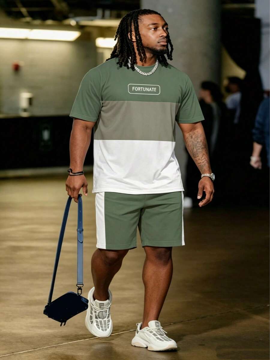 Conjunto casual de camiseta de manga corta con cuello redondo y estampado de letras en contraste verde y blanco, y pantalones cortos para hombres de talla grande - Multicolor - Ver 1