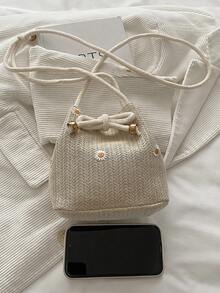 Solid Color Mini Straw Woven Foldable Drawstring Shoulder Bag (Flower Position And Color Randomly Vary) - Khaki - View 9