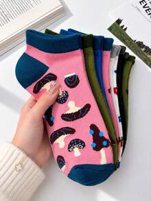 5 Pairs Women Vintage Mushroom Print Fashion Ankle Socks, Soft Breathable Minimalist Casual Socks, Cute Everyday Socks For Spring And Summer - Multicolor - View 1