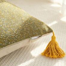 1 pieza Funda de almohada de unicolor teñida con hilo jacquard sin relleno de almohada, funda de cojín vintage con borlas en las cuatro esquinas adecuada para la decoración de la sala de estar, sofá y área de ocio - Mostaza Amarilla - Ver 6