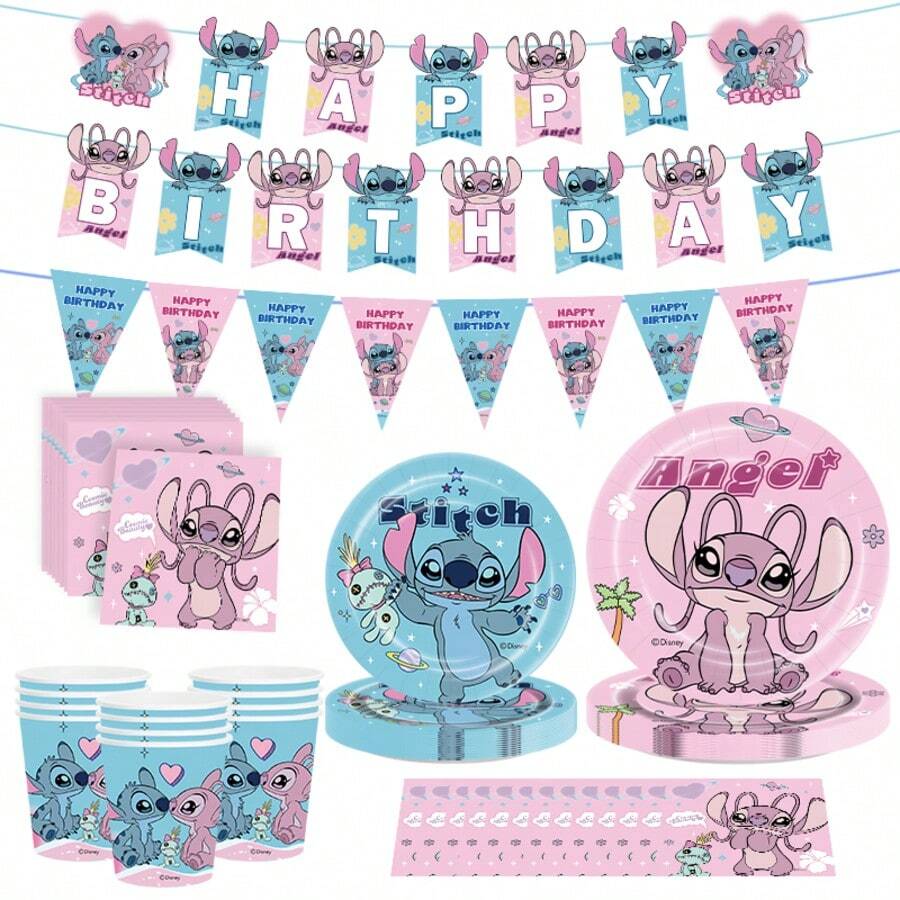 81 Stücke Stitch-Themen-Party-Set, geeignet für 10 Personen, Einweg-Geburtstags-Party-Geschirr, einschließlich Teller, Becher und Servietten. Feiertags-Dekorationszubehör, geeignet für Camping, Picknick, Garten-BBQ und Partydekoration, auch ideal als Dekoration für Halloween, Weihnachten und Partys, und ein tolles Überraschungsgeschenk für Fans. - Verschiedenfarbig - Übersicht 1