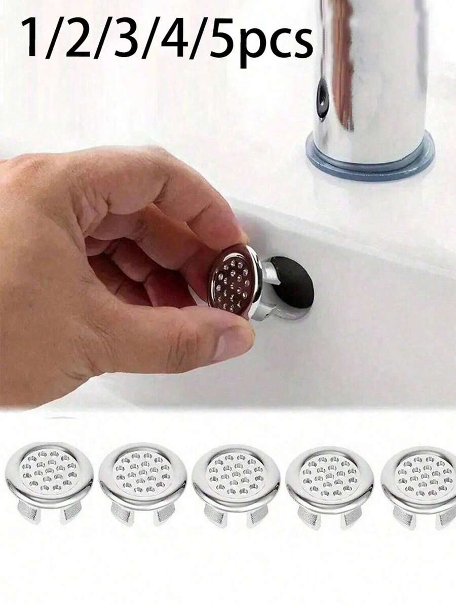 1/2/3/4/5pcs Plastic Bathroom Kitchen Sink Overflow Cover Ring Insert Replacement Parts, -Plated Hole Round Drain Cover, Sink Basin Accessories Overflow Cover Insert, Mesh Round Cover, Silver, Back To School Season