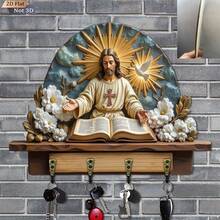 Christian Jesus Bible Wall Hanging Key Rack 2D Flat Non-3D Vintage Icon Cross Wooden Key Storage Hook Believer Home Entryway Wall Faith Decor Plaque - Jesus Bible Theme - View 2
