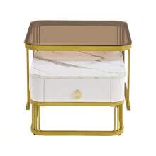 Stackable Coffee Table: Glossy Marble Look, Gold Details, Side Table With Drawers. Set Of Two Pieces. - White 1 - View 9