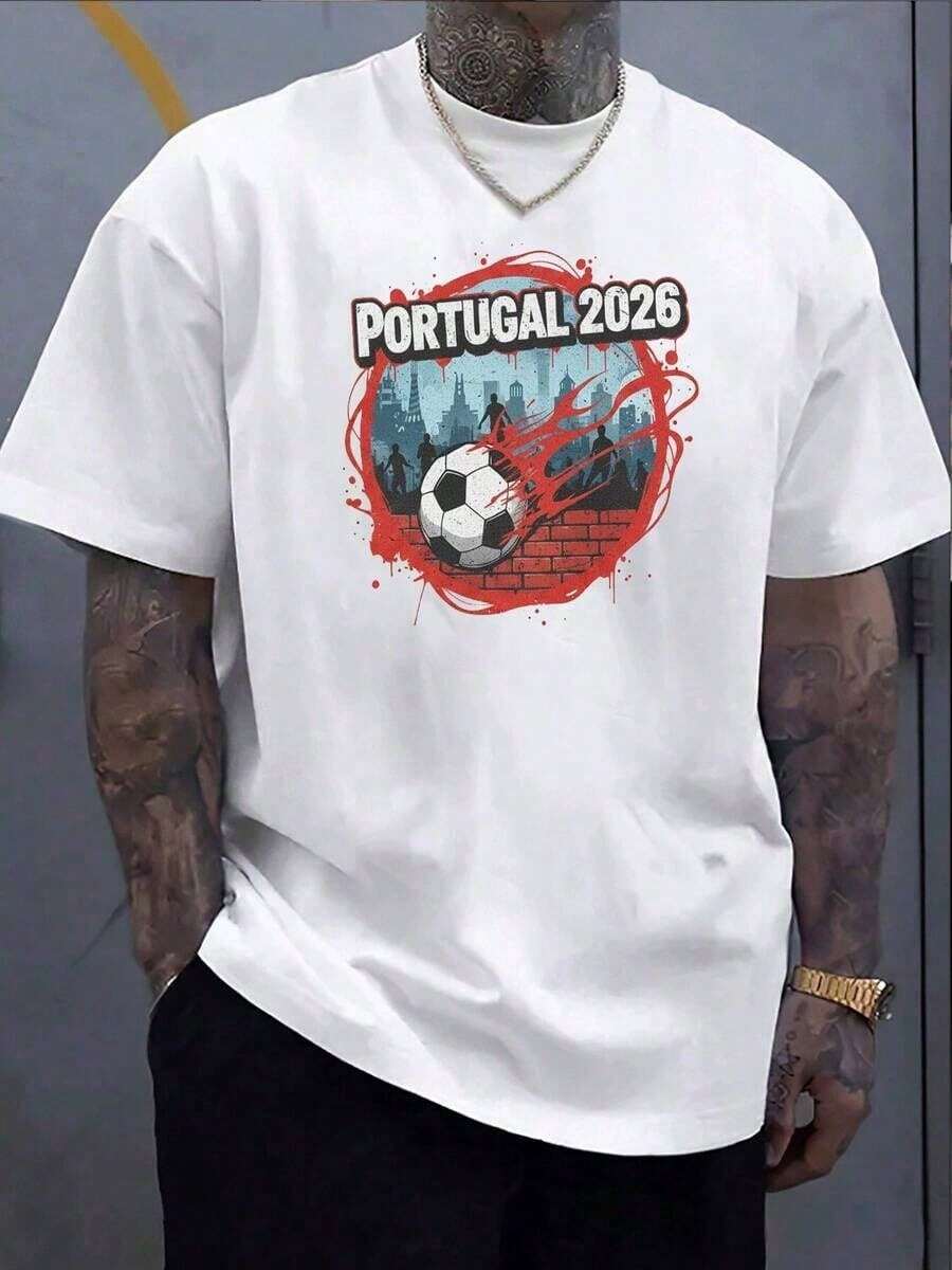Camiseta de Algodón Puro con Estampado Gráfico de Fútbol de Portugal 2026 para Hombre, Estilo Urbano, Transpirable, Suave y Cómoda, Ideal para Deportes, Uso Casual y Regalos para Fanáticos, - Negro - Ver 1