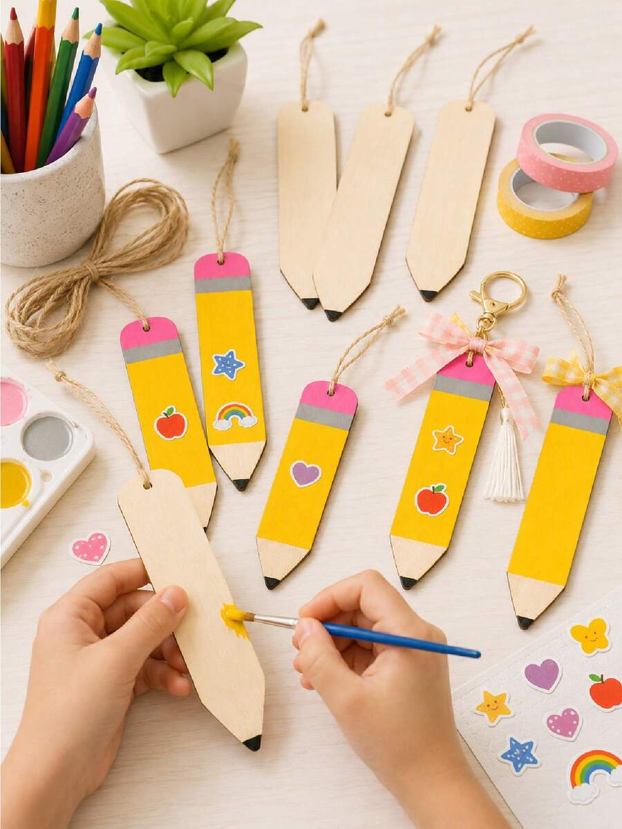 1/5/10pcs Hand-Painted Wooden Decorations, Wooden Pencil Silhouette, Blank Uncolored Tag Decorations, Suitable For Back To School, Teacher's Day Gifts And Student Wall Decor - Multicolor - View 1