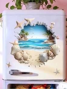 1pc Of Broken Wall Seaside Landscape Wall Sticker Summer Shell Starfish Beach Wall Decals PVC Self-Adhesive Detachable Wall Art Decor Easy To Peel And Paste Suitable For Home Decoration Bedroom Glass Decoration - Summer Beach Vibes - View 3